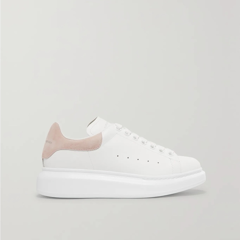 Suede-trimmed leather exaggerated-sole sneakers, with pastel pink backing